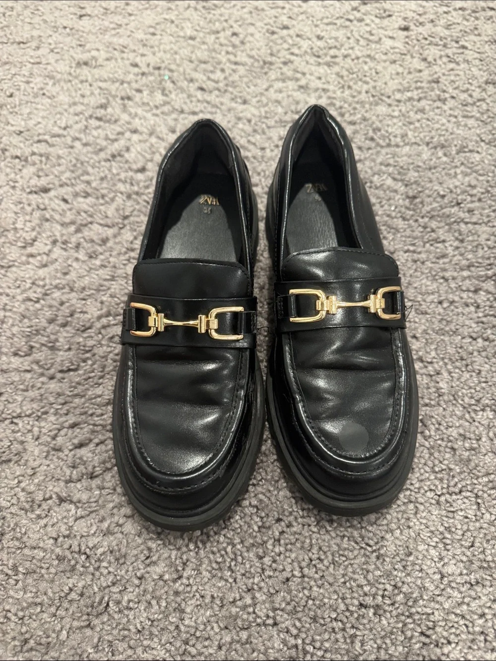 Zara Black Loafers with Gold Bit Detail